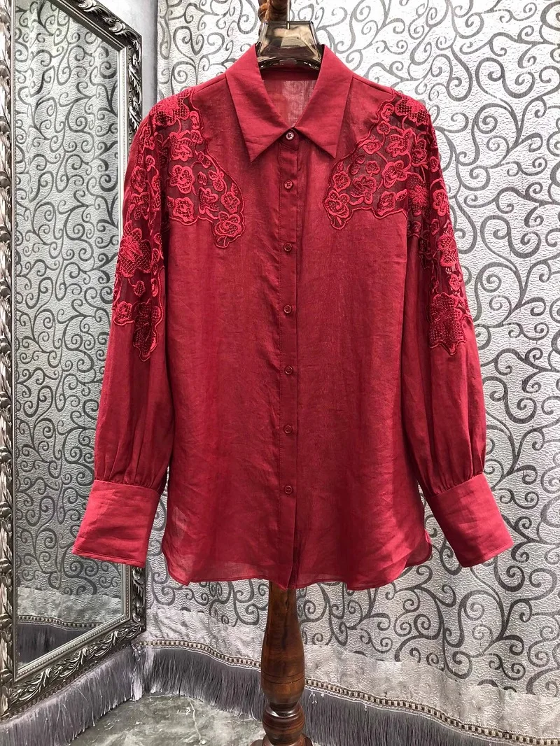 

100%Linen Shirts Blouse 2025 Spring Fashion White Red Shirts High Quality Women Turn-down Collar Luxurious Embroidery Shirts