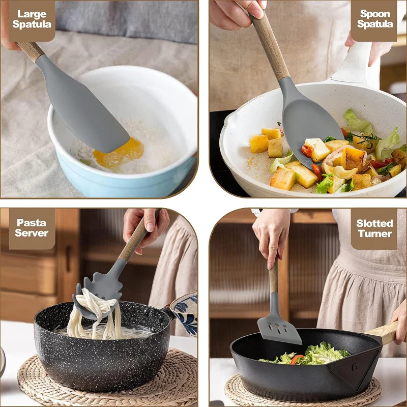 Silicone Kitchen Cooking Utensil Set, 9Pcs Kitchen Utensils Spatula Set with Wooden Handle Nonstick Cookware, 446 °F Heat Re