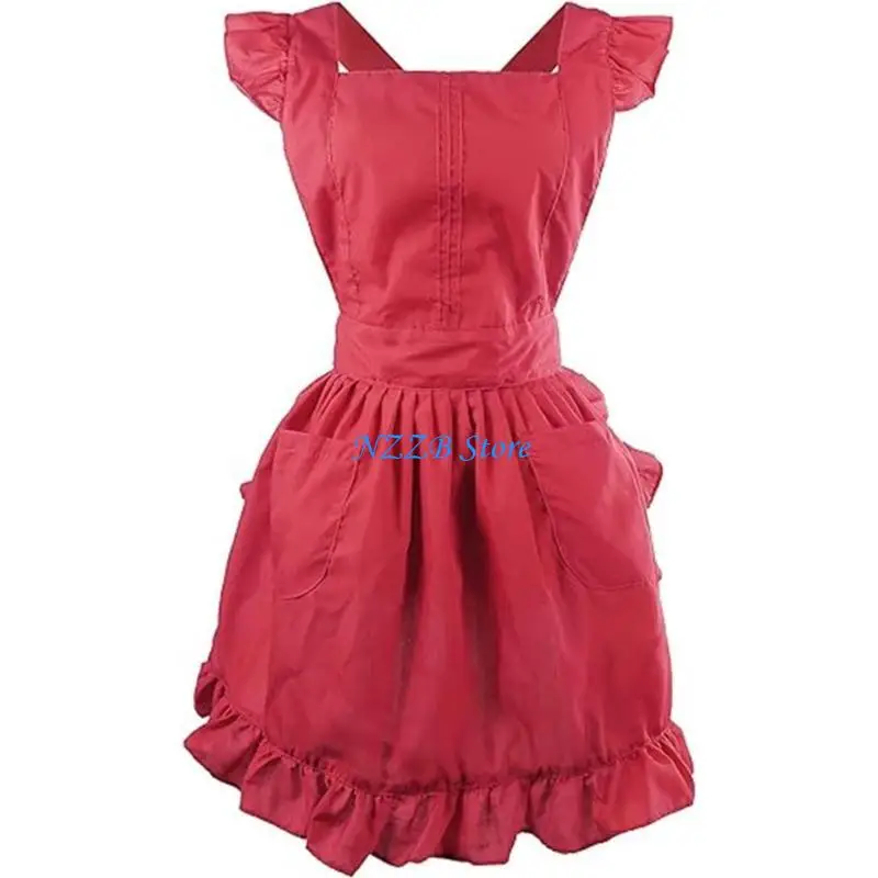 

T21F Ruffled Cooking Apron with Pocket Cotton Apron Ruffle Maid Apron Kitchen Cooking Apron for Cooking Baking Gardening