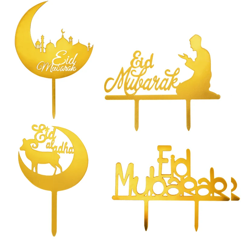 

Eid Mubarak Cake Topper Golden Acrylic Star Moon Insert Card Ramadan Muslim Islamic Holiday Party Baking Dessert DIY Decoration