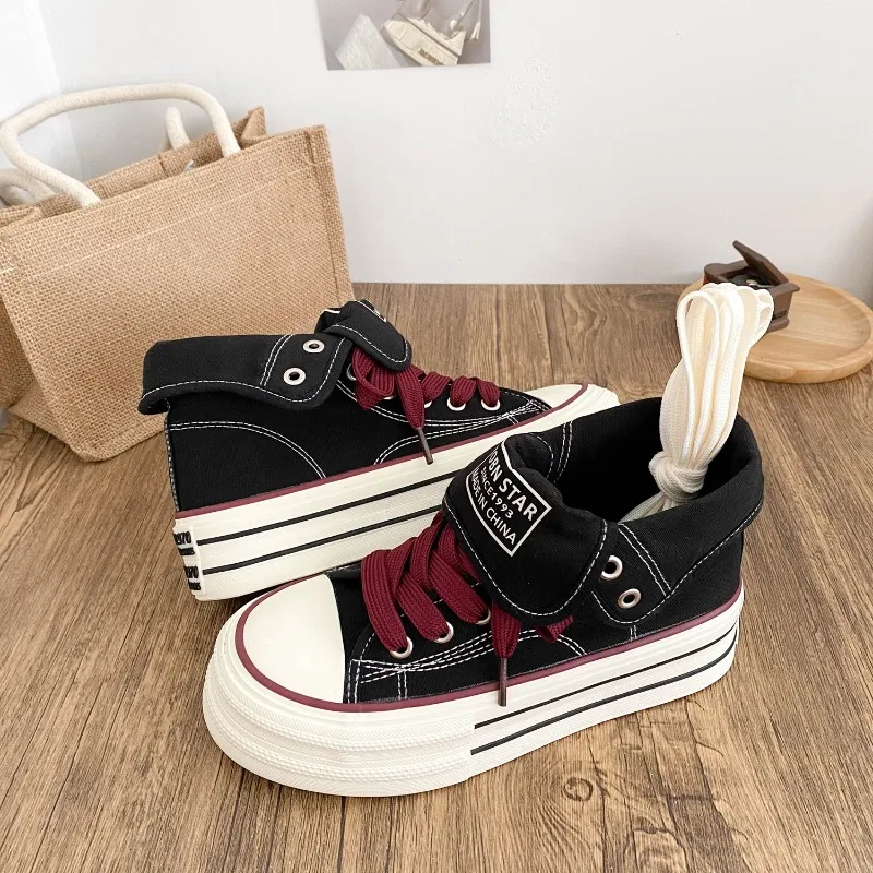 

Autumn Women Fashion Buckle Strap Canvas Shoes High Top Broken Denim Ankle Short Boots Lace Up Girls Students Thick Sole Sneaker