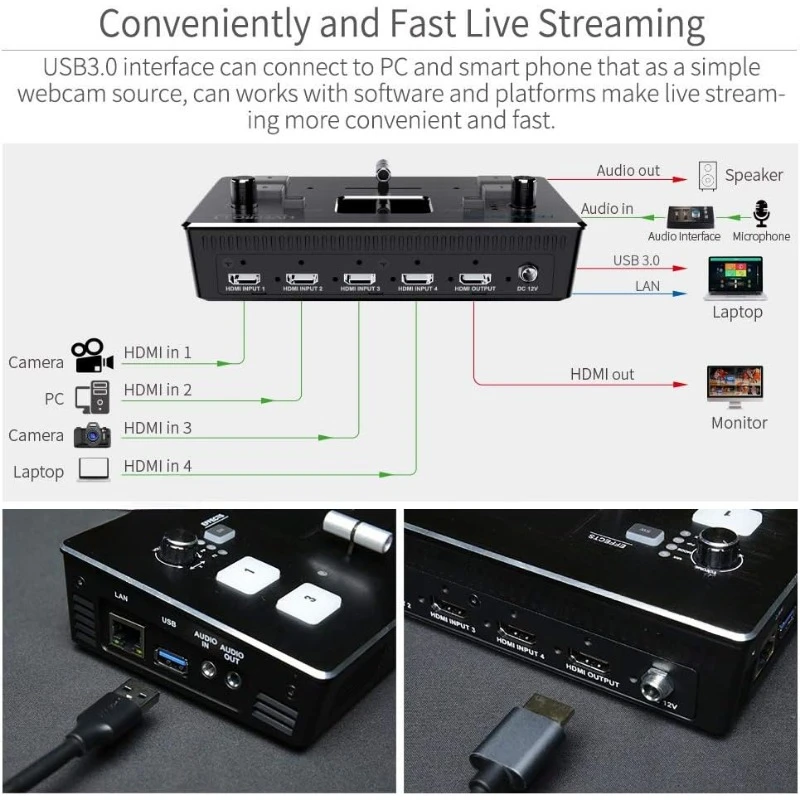 Livepro l1 4 x entradas multiformato misturador de vídeo switcher usb 3.0 saída streaming ao vivo em tempo real produção multi câmera