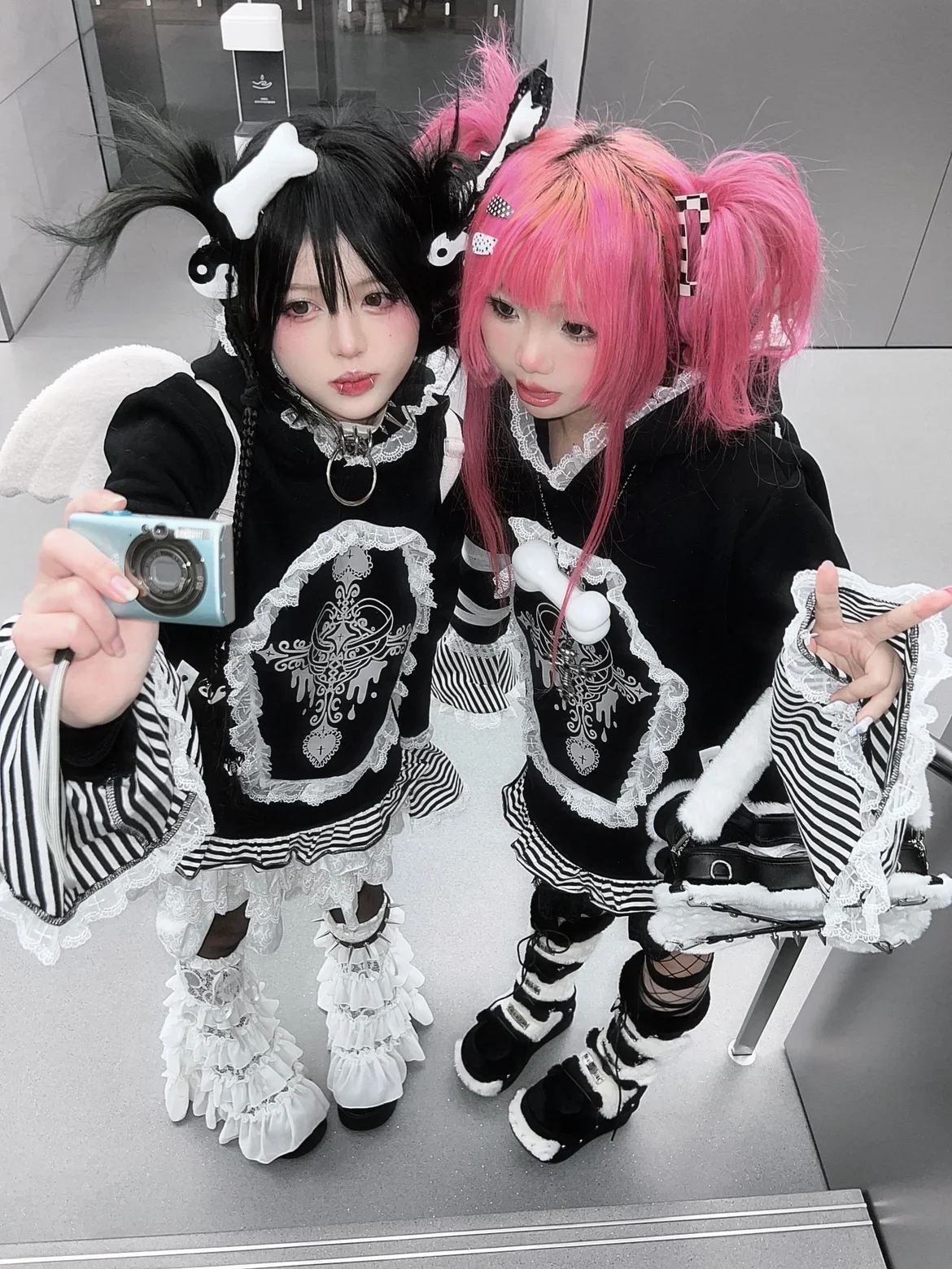 Original Subculture Warm Bunny Ear Lace-up Sweatshirt Holt Girls Cute Sweet Black White Stripe Lace Cardigan Spring Top Jacket