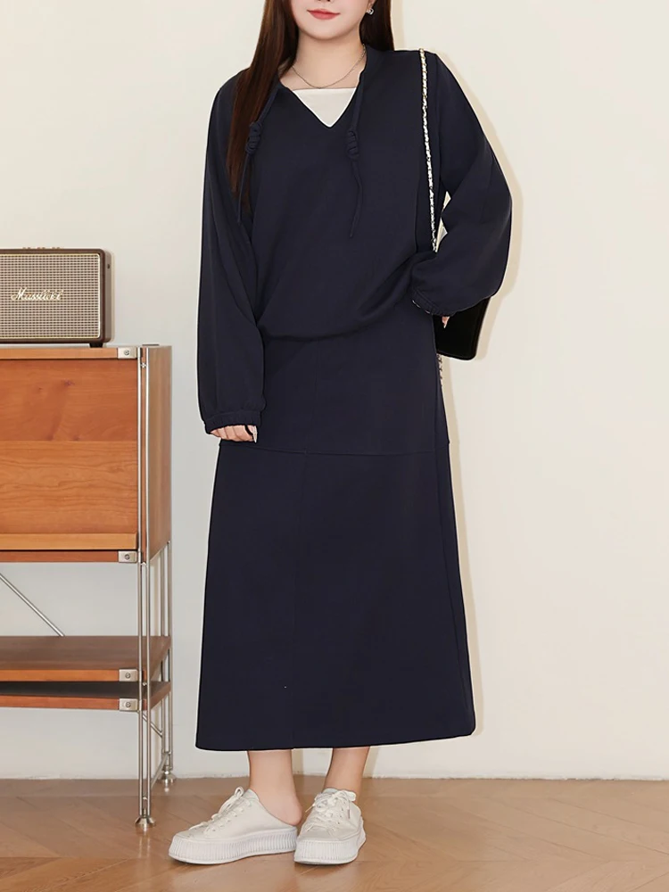 

Plus Size Women's Sets Fashion Preppy Style 2025 Autumn High Waist A-line mid-length Skirt And Casual Premium Hoodies