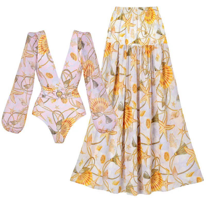 

Women's Long-Sleeve Shell Print One-Piece Swimsuit Beach Vacation Resort Style Wear Comfortable Fit Swimwear for Summer