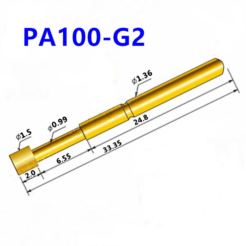 100PCS Gold-plated PA100-G2 Spring Test Probe with Outer Diameter of 1.36mm and Total Length of 33.35mm for Testing