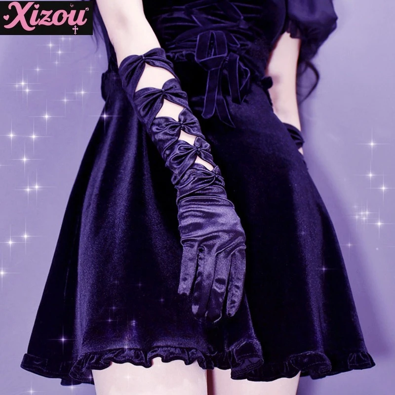 

Personality Girl Dark Lolita Bow Satin Hollow Long Gloves women‘s Lo Female Punk Goth with Hand Sleeves Female with Skirt