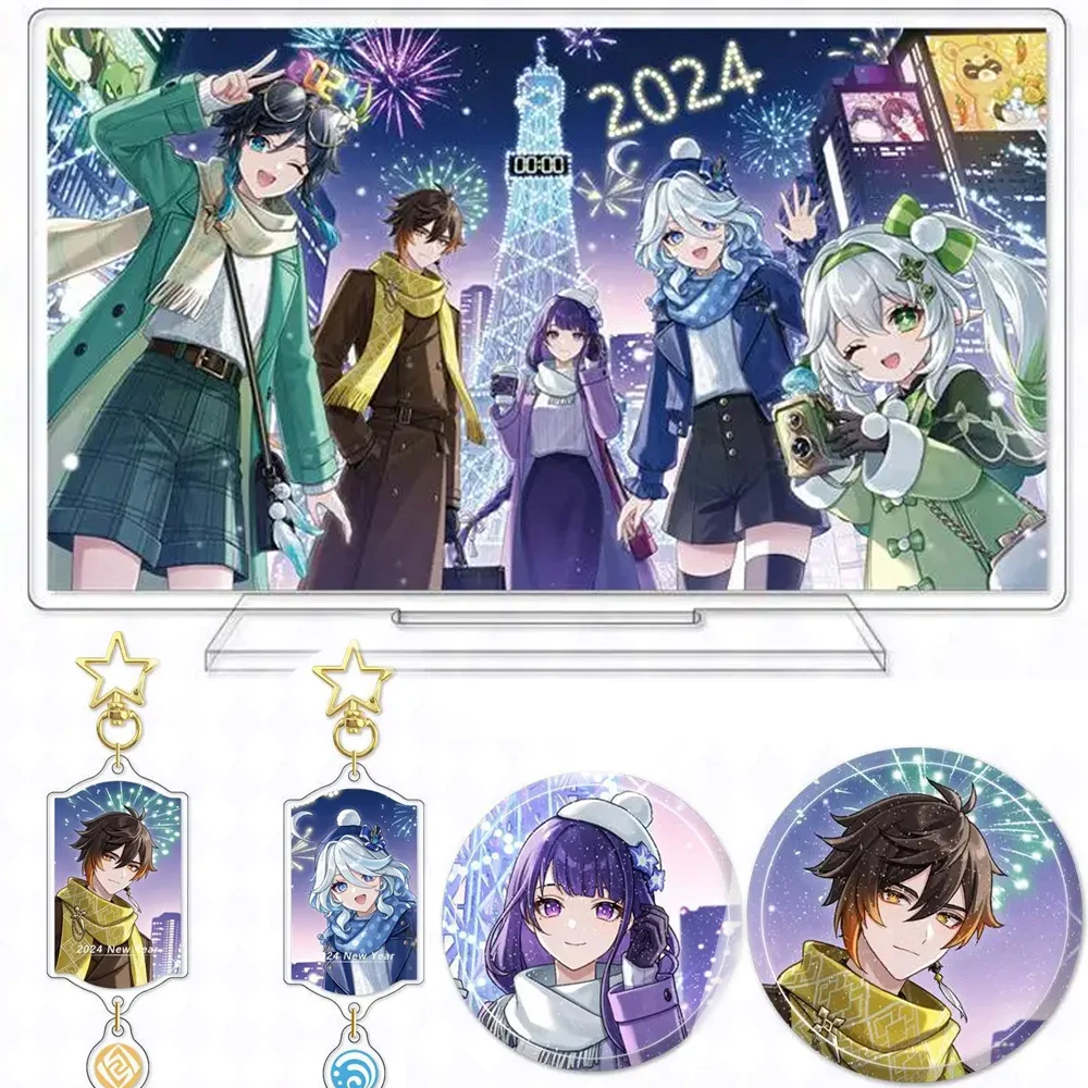 Game Yuan Shen Impact Character Zhongli Furina Nahida Stand Venti Beelzebul Made Acrylic Card Double Flash Badge Keychain