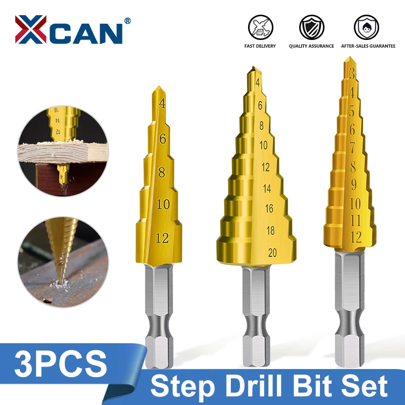 

XCAN 3 шт. 3-12 4-12 4-20 мм набор ступенчатых сверл из быстрорежущей стали с титановым покрытием, прямая канавка, дерево, металл, резак для отверстий, инструмент для колонкового сверления