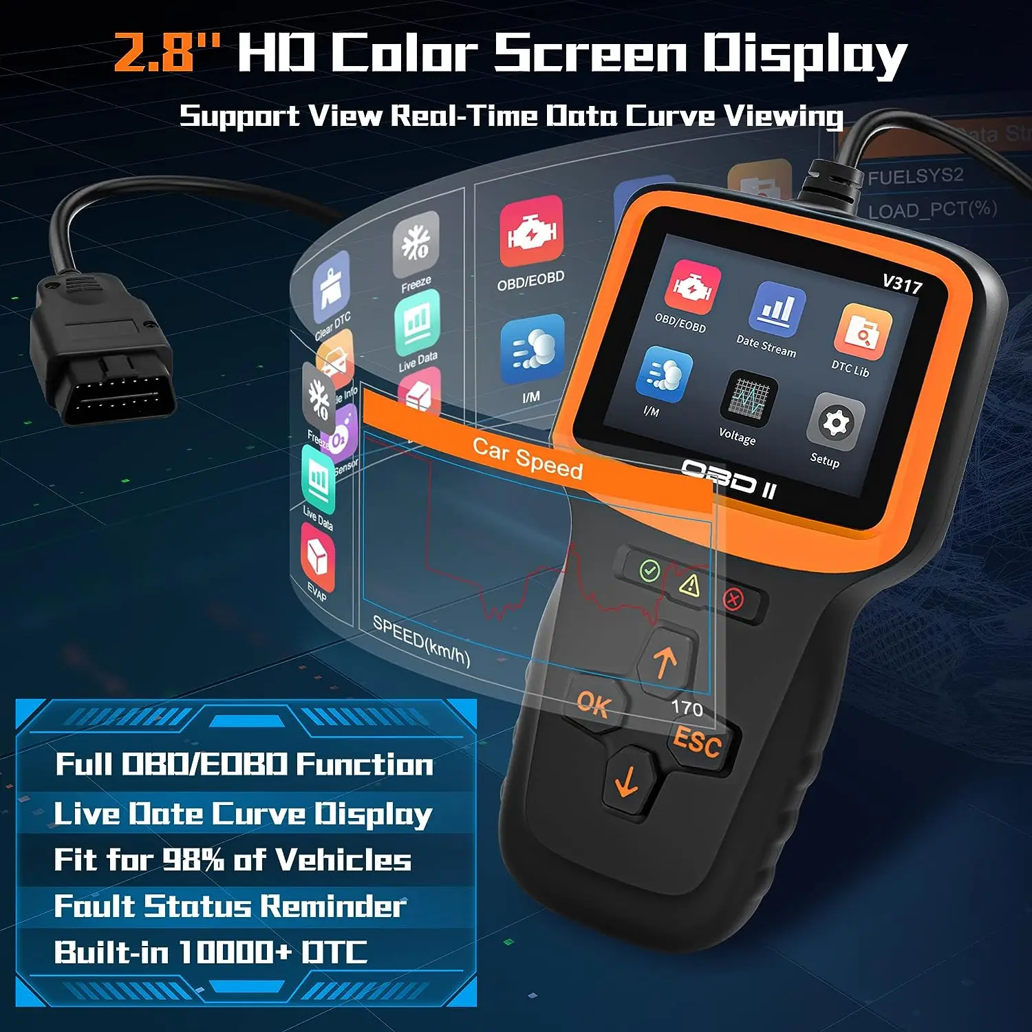 Professional OBD2 V317 Real Time Oxygen Sensor Test Clear Engine Troubleshooting Code Reader with Reset and I/M etc Scanner