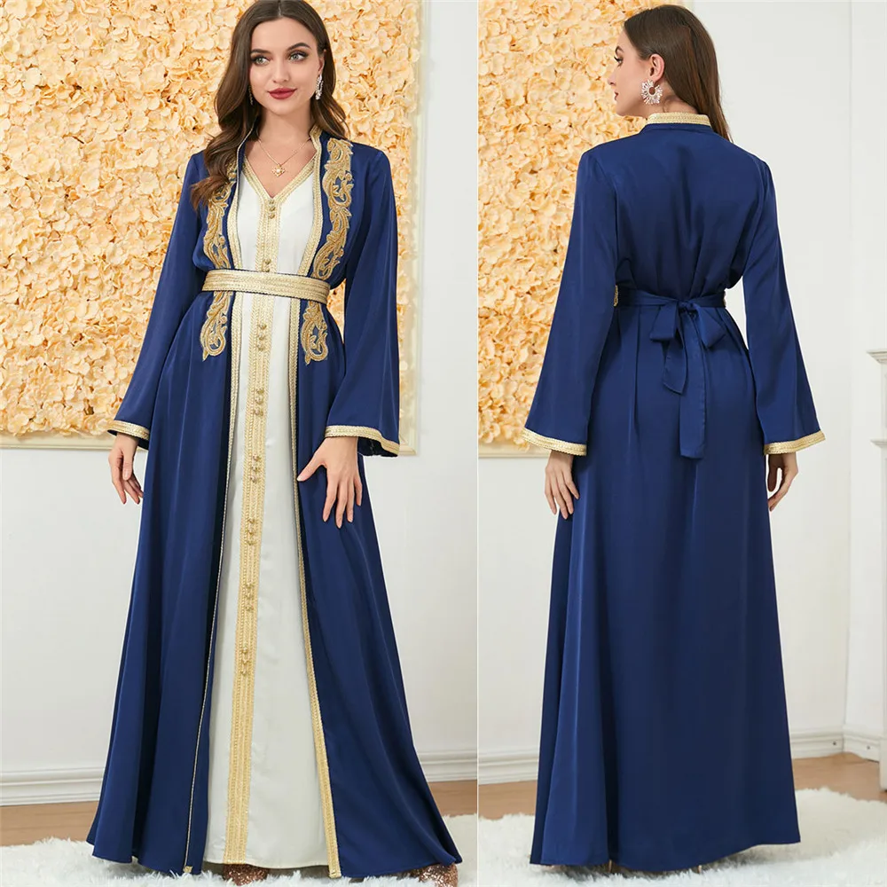 

Eid Muslim Sets 2 Piece for Women Open Abaya Inner Dress Matching Suit Dubai Turkey Modest Outfits Islamic Tunic Dress Cardigan