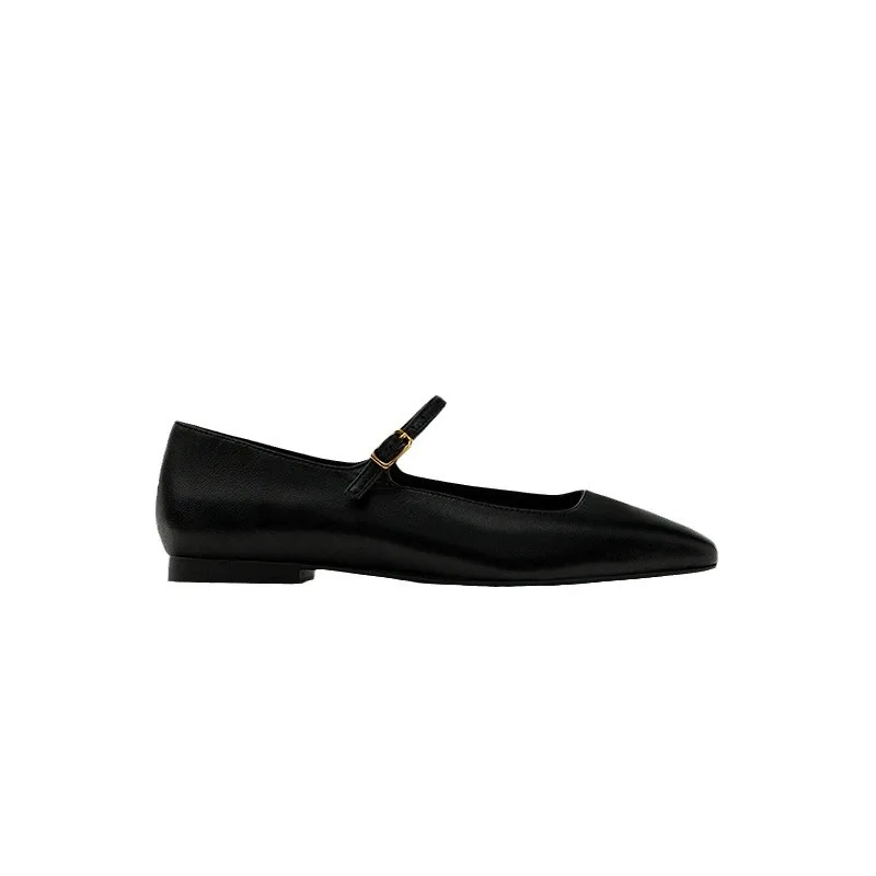 Dave&Di Fashion Ladies Mary Jane Shoes Minimalist Women's Loafers Shoes French Retro Square Toe Black Color Genuine Leather Flat