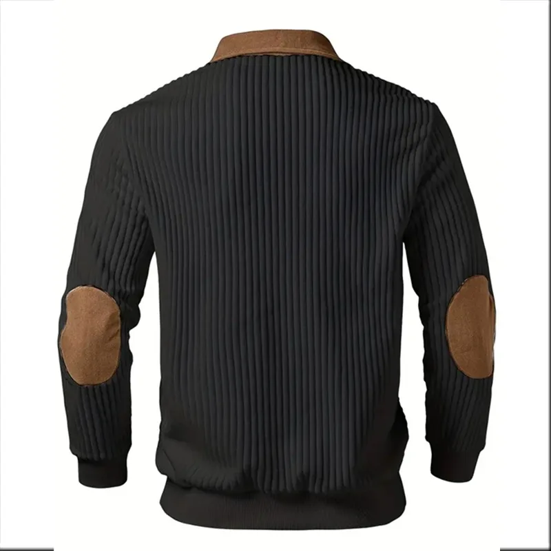 Men Splicing Turn-Down Collar Sweatshirts Ribbed Long Sleeve Half Zip Polo Sweater Wear-resistant Patches Pullover Sweatshirts