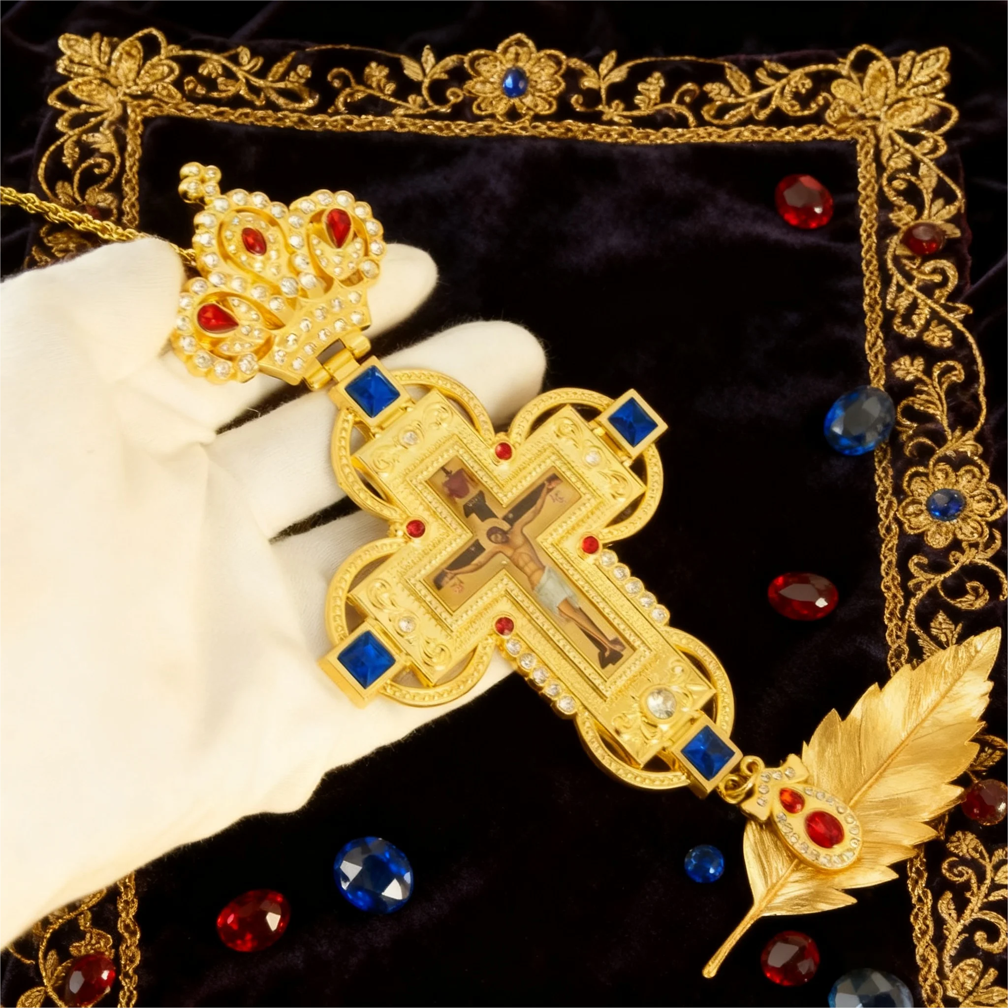قلادة صليب مسيحي أرثوذكسي من HTISOK مطلية بالذهب مع أحجار كريمة وأحجار الراين هدية أرثوذكسية لكنيسة زفاف عيد الفصح القس #1