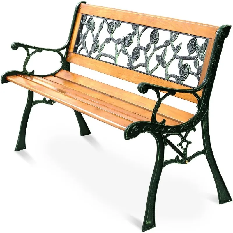 

50'' Patio Park Garden Bench, Outdoor Furniture Rose Cast Iron Hardwood Frame Porch Loveseat for 2 Person Outdoor Clearance