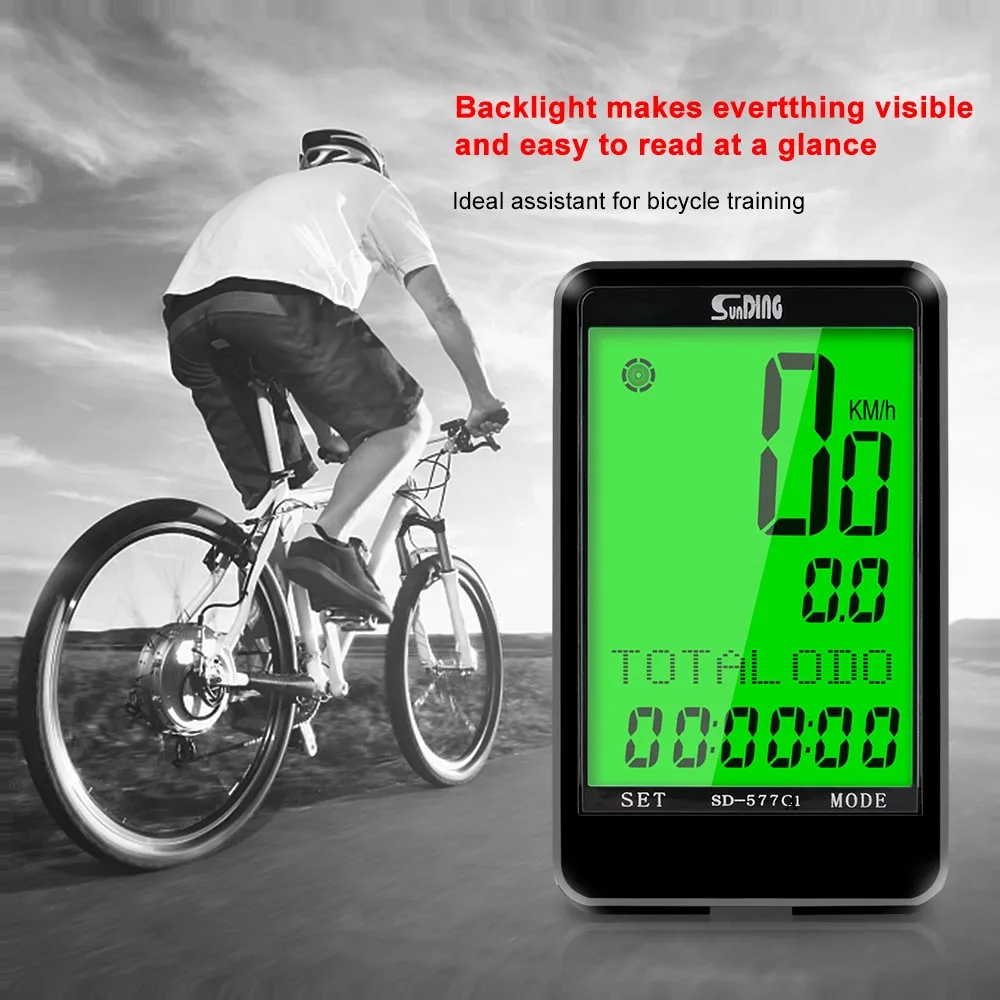 Sunding SD-577C1 Cycling Computer Wireless Stopwatch MTB Bike Cycling Odometer Stopwatch Bicycle Speedometer With LCD Backlight