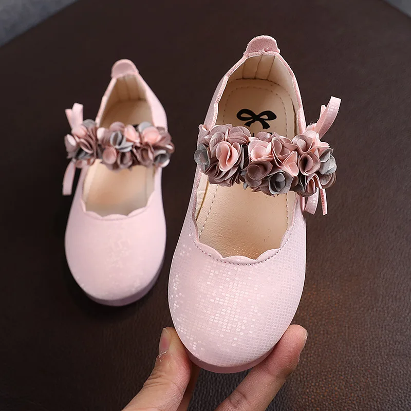 Toddlers Girls Shoes Kids Flats Princess With Flowers Bow-knot Soft Glitter Leather Children\'s Party Wedding Shoes Floral 22-31