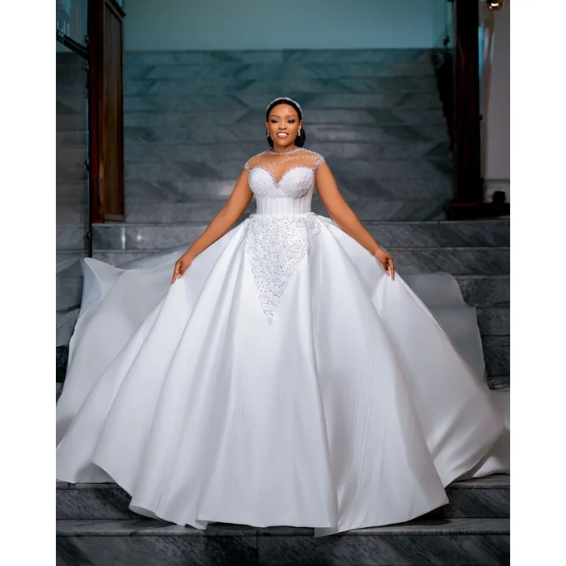 

Свадебное платье Custom 2026 с пышной юбкой, коричневое, с круглым вырезом, длинными рукавами, из атласа, со стразами, жемчугом и пайетками, Vestidos De Novia