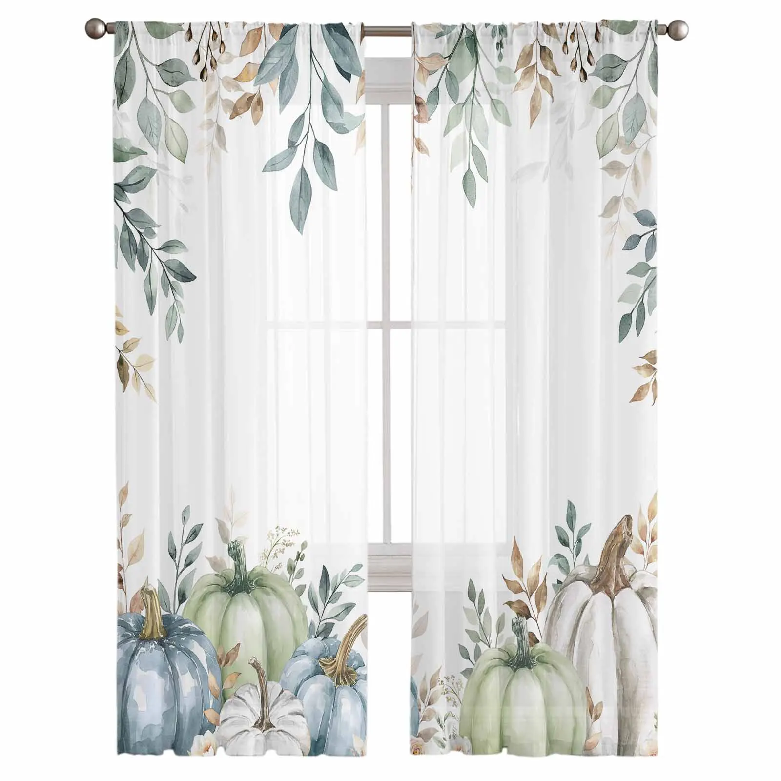 Thanksgiving Eucalyptus Leaves Pumpkin Window Tulle Curtains for Living Room Kitchen Modern Window Treatments Voile Curtains