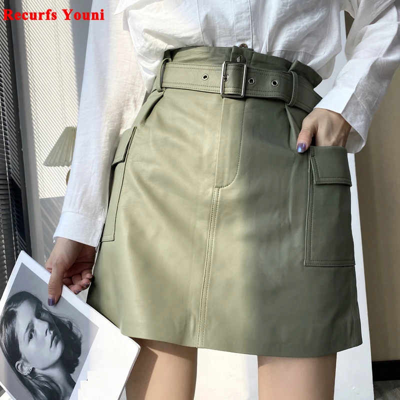 

Leather Cargo Skirt Women Winter New In Female Genuine Sheepskin High Waist Streetwear Gyaru Large Pocket With Belt Mini Jupe