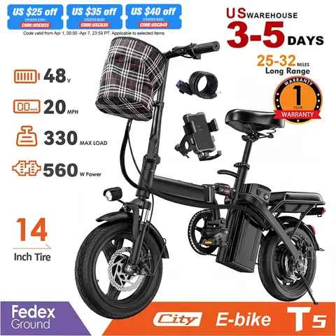 Adult Electric Bike, 20 MPH,560W Motor,48V Removable Battery,14inch Folding Electric Bike,Maximum 32 Miles,1Year Warranty Ebike