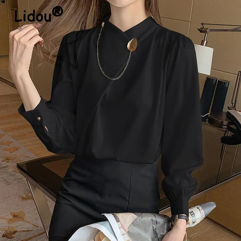 Women Fashion White Profession Office Wear Satin Blouses Urban Aesthetic Wild Long Sleeve Chain Design Solid Female Loose Shirt