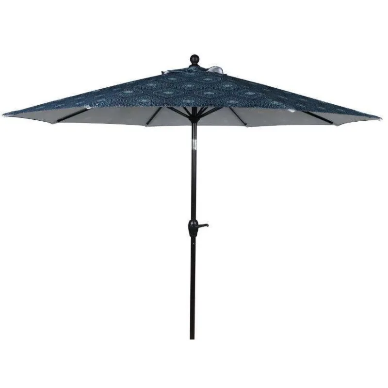 Outdoor 9' Blue Medallion Round Crank Premium Patio Umbrella,Eight steel ribs provide canopy support,11.2 lbs