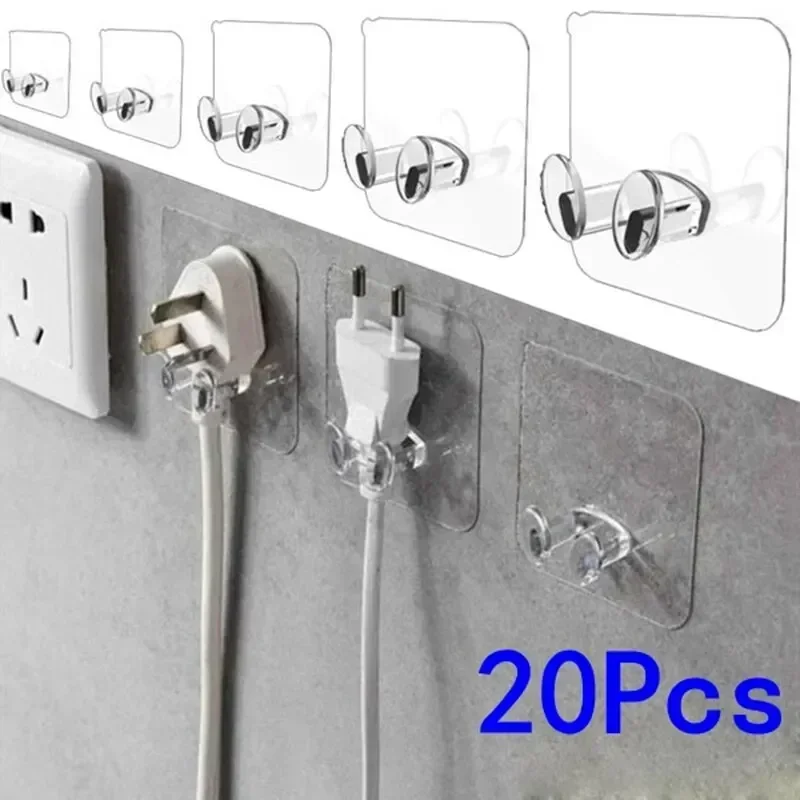 

20PCS Power Plug Bracket Storage Tidy Hanging Rack PVC Wall Hook Strong Adhesion Seamless Transparent Waterproof Kitchen Bathroo