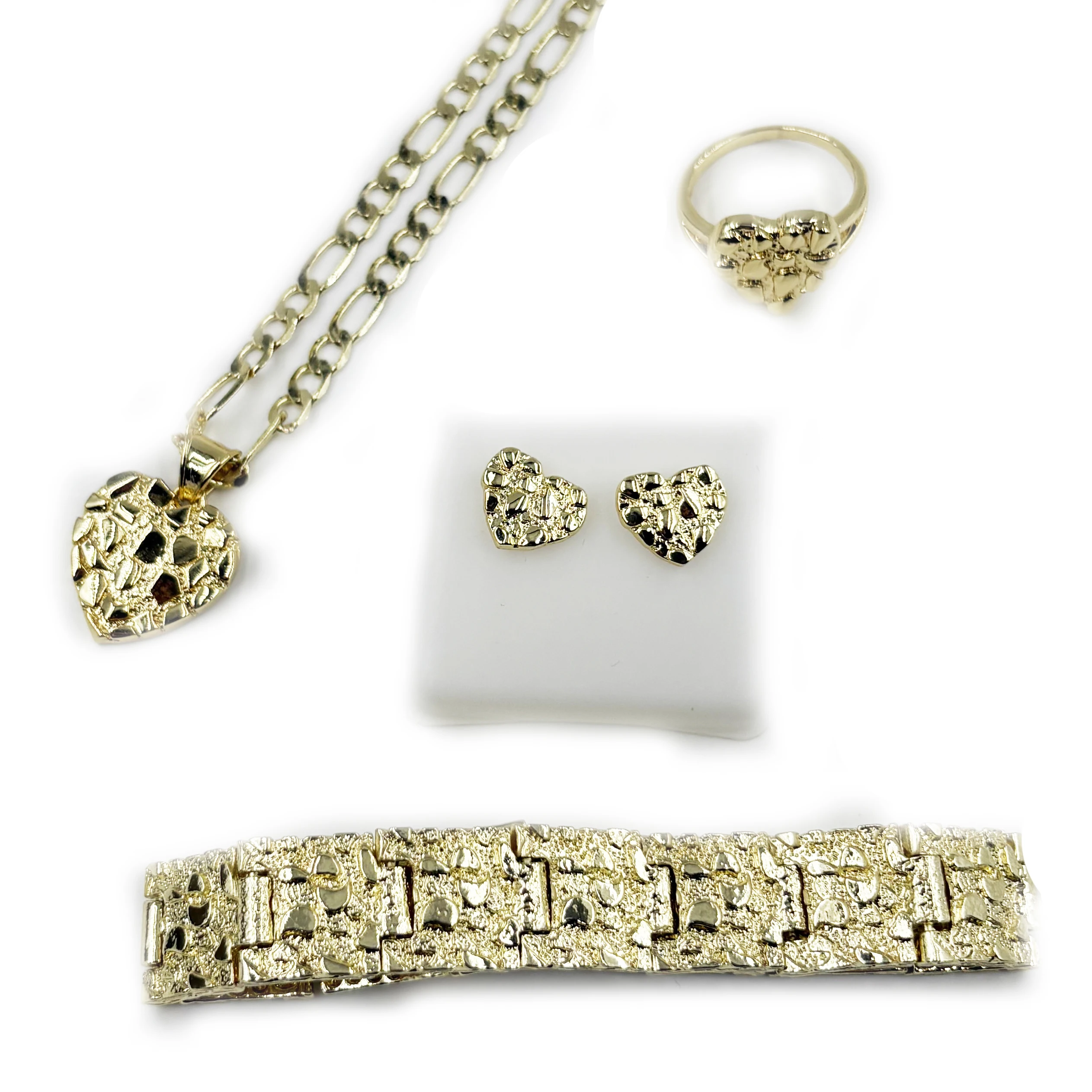 

Hip Hop Nuggets Ring And Heart Earrings Set with Textured Cookie 8mm Bracelet And 4mm Figaro Chain Heart Pendant Rapper Jewelry