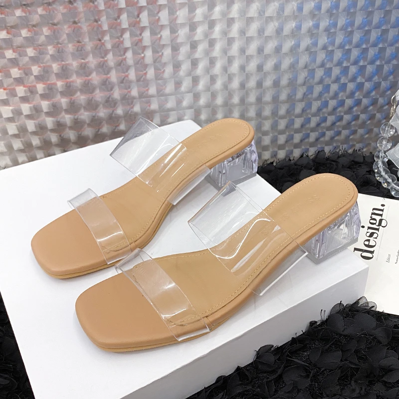 Summer New Transparent Sexy Square Head Open Toe Outwear Women Large Comfortable High Heel Sandals and Slippers Single Shoe