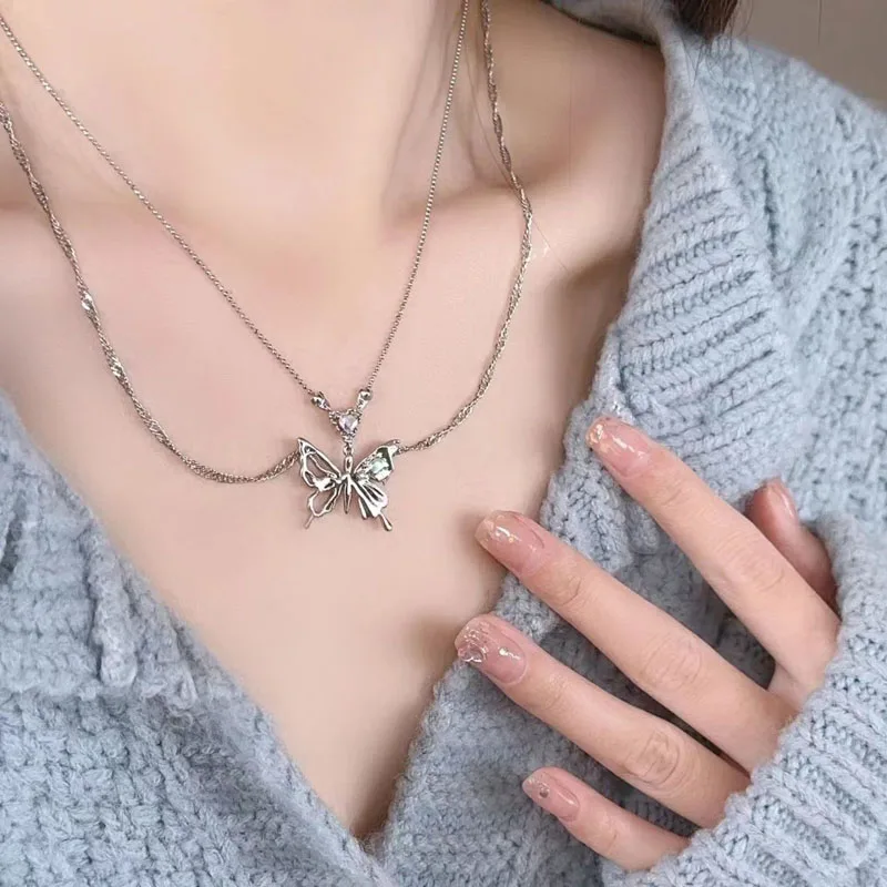 Kpop Y2K Aesthetic Butterfly Pendant Necklace for Women Hip Hop Vintage Double Chain Heart Necklaces Girls Gifts Jewelry