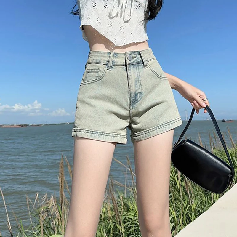 여성용 심플 스트리트웨어 반바지, 여성용 인기 캐주얼 미니 청바지, 빈티지 블루, 하이 웨이스트, 비치 데님 반바지, 여름 패션