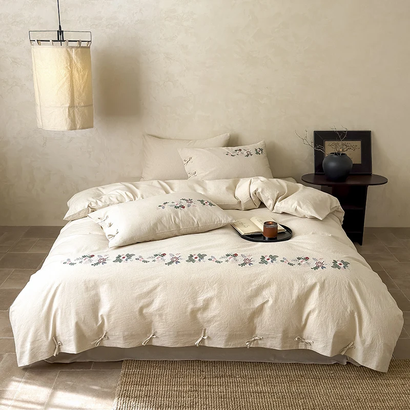 

French Country Floral Embroidery Duvet Cover Set, 85% Cotton 15% Linen, Vintage Bedding Set, Flat/Fitted Bed Sheet, Pillowcases
