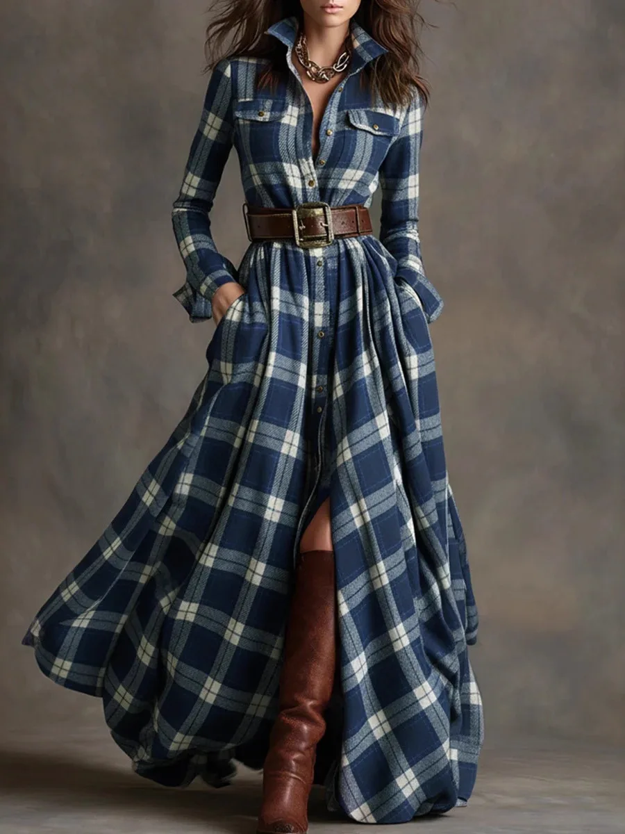 Retro Plaid Long Sve Dames Dr met riem College Sle Lange Dr-jurk Dagelijks gebruik Polyestervezel 00% Winter 2025