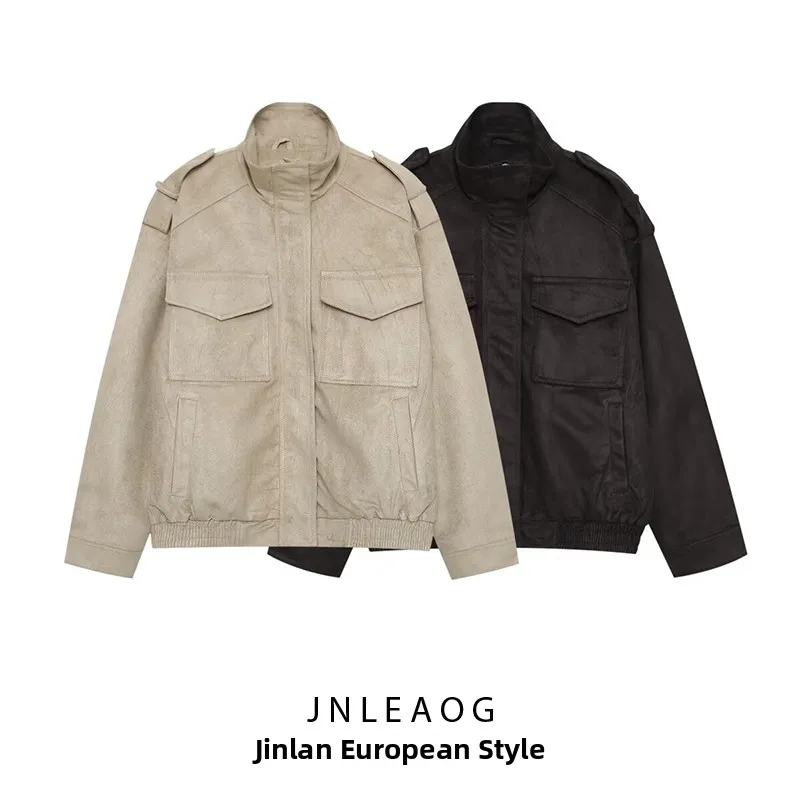 

Faionable Versatile Women's Jaet Autumn New Sle JNLEAOG Polyester Fiber Long Sve Zipper Closure Stand Fit ort Coat