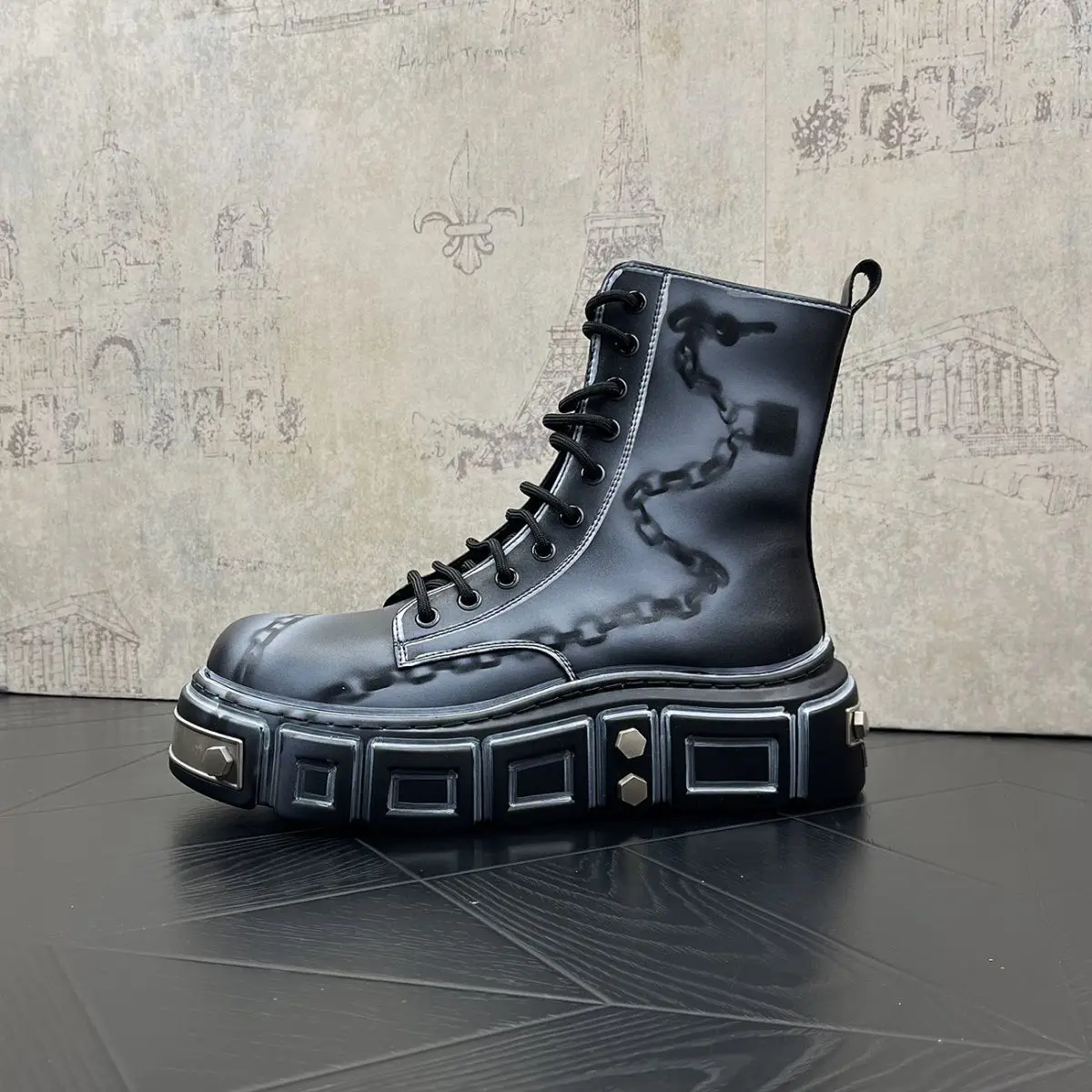 الخريف والشتاء جديد الرجال الكتابة على الجدران سلسلة النمط الإقليمي فاسق سميكة القاع زيادة المتخصصة الرجعية اللون تلميع الاتجاه الأحذية