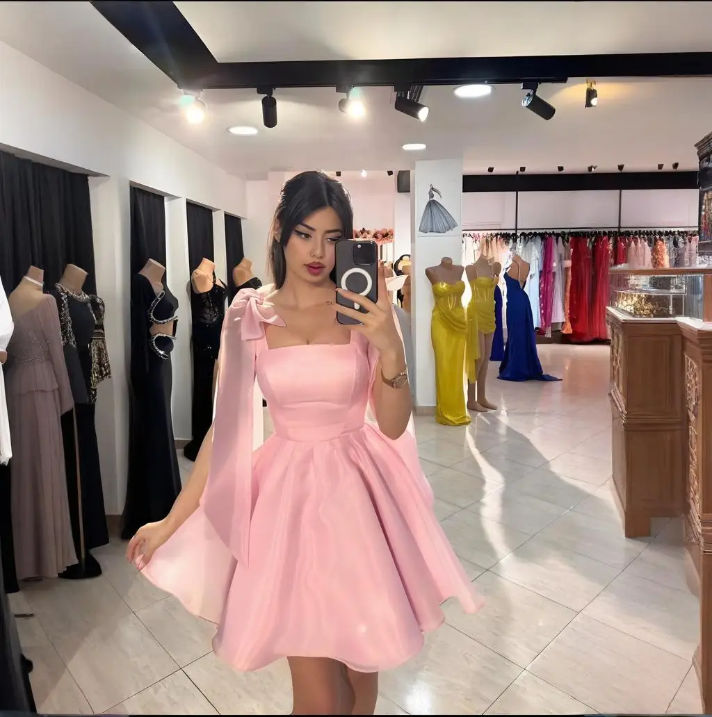 

Saudi Arabic Pink Homecoming Dresses Short Square Neck Cocktail Dresses Organza Mini Prom Party Dress for Teens