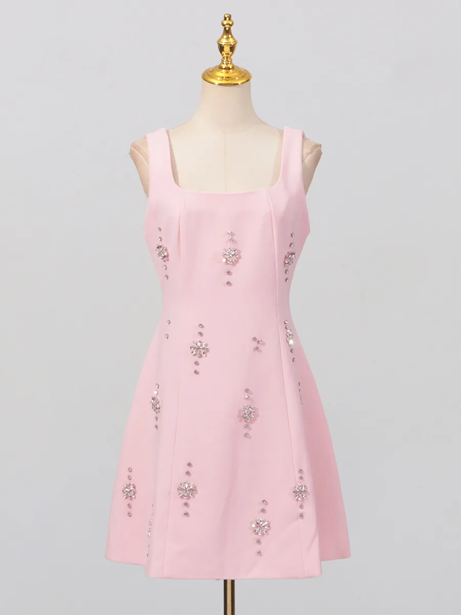 High-end luz vestido de festa de luxo 2026 roupas de verão nova indústria pesada diamante gola quadrada cintura halter arco vestido curto