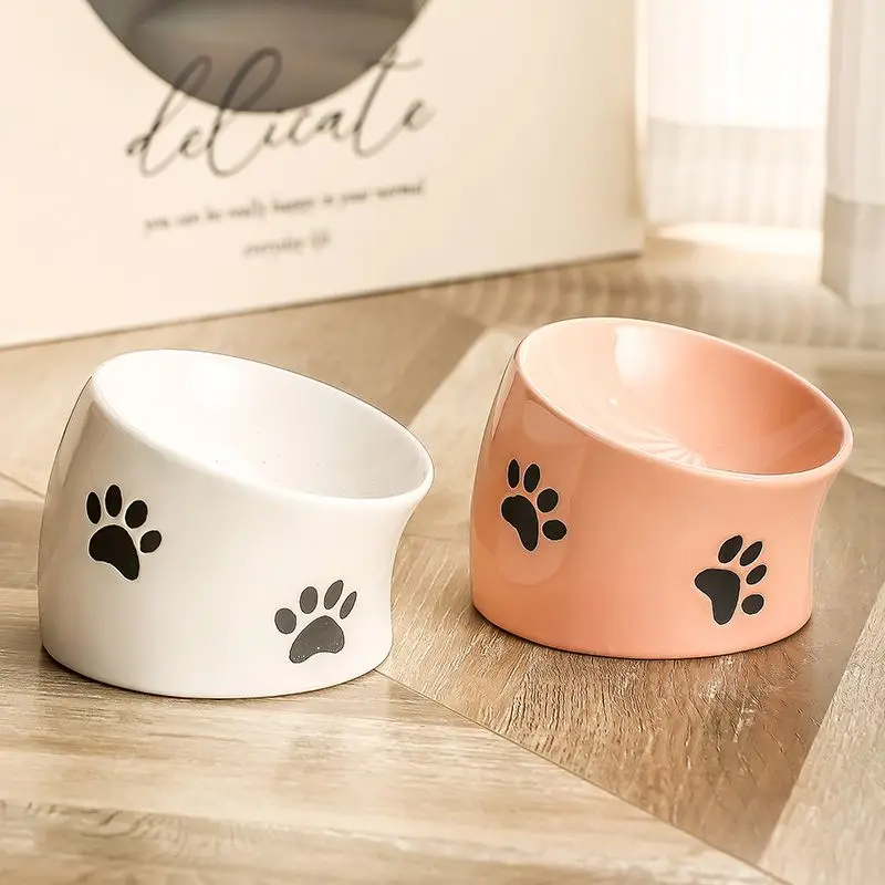 [Neck Protection and Anti-Black Chin] Cat Bowl Ceramic Oblique High Foot Food Basin Cat Drinking Cat Food Bowl Pet Bowl