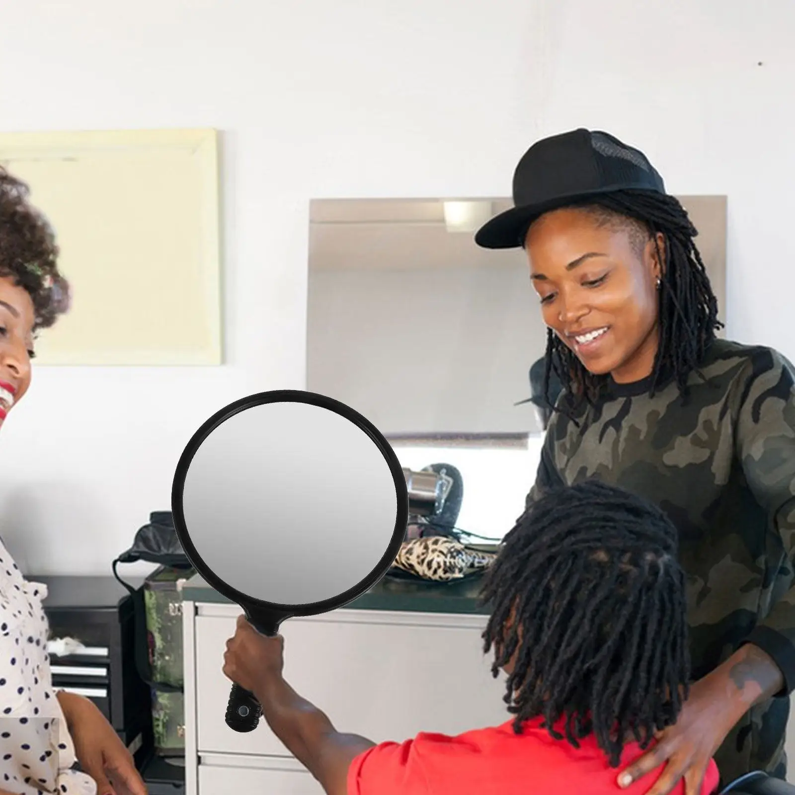 特大丸型ハンドミラー人間工学に基づいたハンドル美容師理容師セルフヘアカットスタイリング旅行サロンポータブルメイクアップバニティ