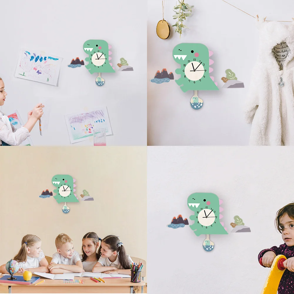 Cartoon Silent Dinosaur Pendulum Wall Clock Kids Toys Cartoon Handwork DIY Movement Clocks for Boys Room Kids Room Wall Decor