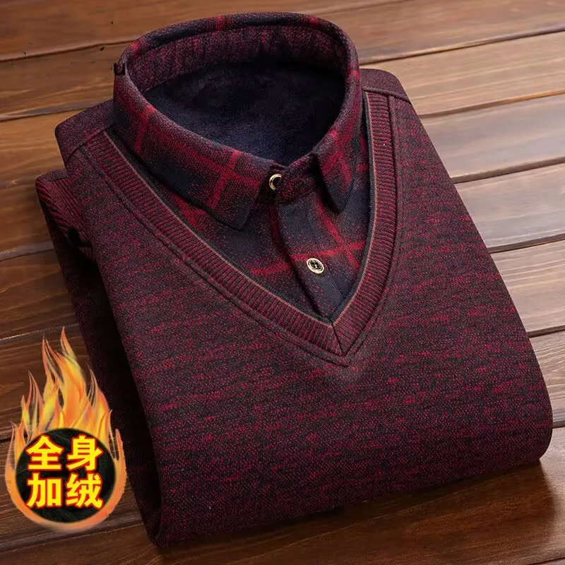 New Autumn Winter Men Fleece Shirt-collar Sweater 2024 Fashion Grid Printed Thick Warm Sweater Male Velvet Pullover Sweater