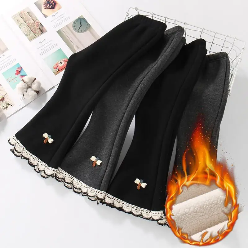 2025 بنطال بناتي خريف شتاء دافئ سميك جرس قيعان مرونة الخصر السراويل الطويلة ملابس مريحة للأطفال 4-8 سنوات #1