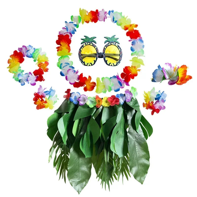 

Girls Teens Hawaiian Leis Set Leaf Hula Grass Skirt Artificial Flowers Hula Costume Pineapple Glasses Beach Party Festival