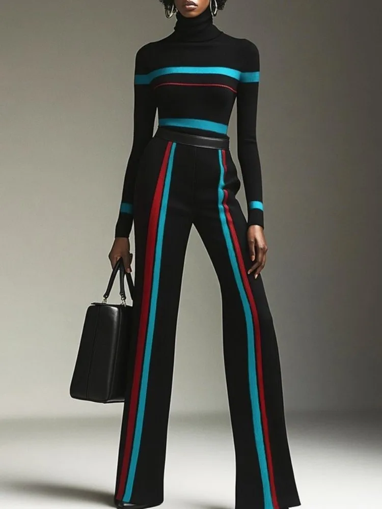 Freeacy 2025 New Women's Contrast Color Striped Pants High Waist Full Length Straight Pants Wide Leg Trousers Matching Bottoms