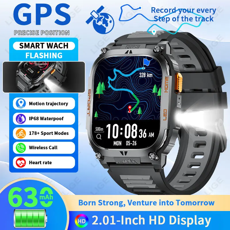 

LIGE New LED Flashlight GPS Track Smart Watch Men IP68 Waterproof 2.01 inch Compass Heart Rate 630mAh Battery BT Call Smartwatch