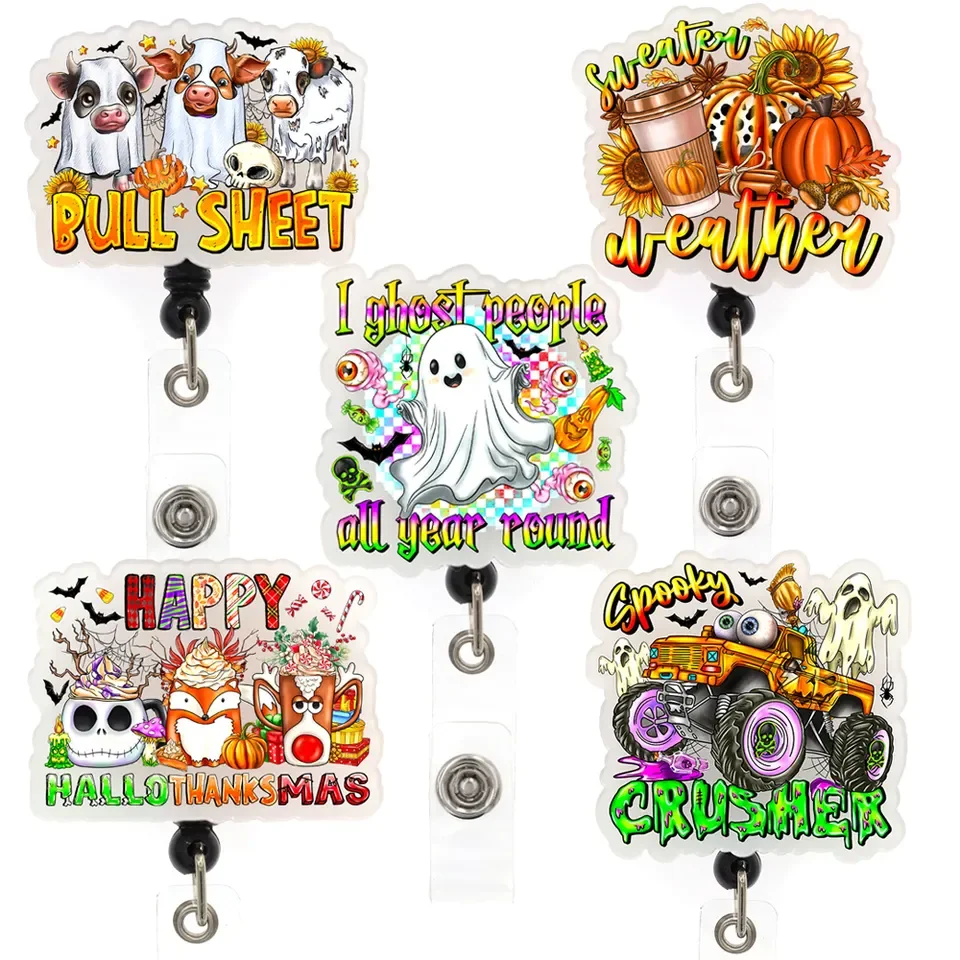 

Halloween Badge Reel Retractable Pumpkin Ghost Student Teacher Nurse Acrylic Badge Reel Holder With Alligator Clip