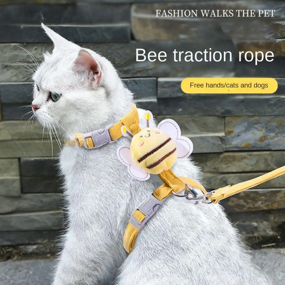 Cute Dacron Adjustable Cat Collar Honeybee Walking Lead Pet Harness Belt Cat Traction Rope