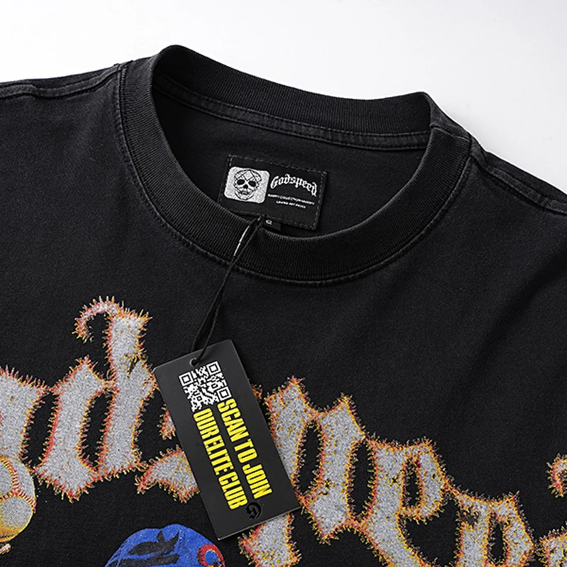 الاتجاه الأمريكي Godspeed قمم تي شيرت العصرية روك جولة الرقبة الشارع غسلها تفعل القطن القديم بأكمام طويلة GOD SPEED الشارع الشهير