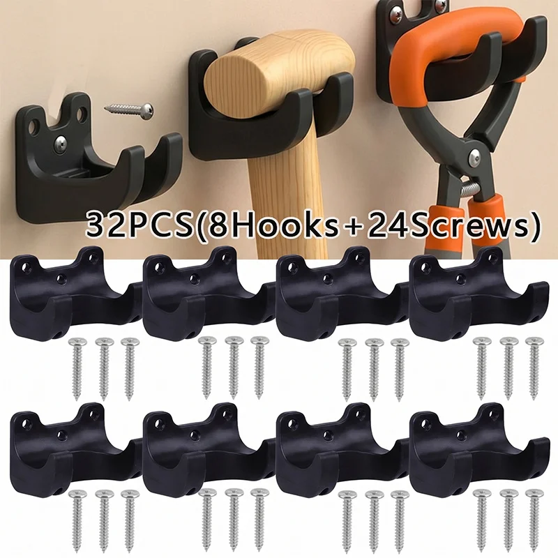 32Pcs Garden Tool Hanger Rack Wall Mount Storage Organizer for Long Handle Tools, Screw Fixed Bracket, Durable Plastic